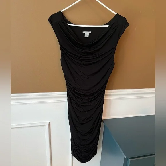 H&M Women’s Black Ruched Dress Size 12 Slinky Bodycon LBD Cocktail - Picture 3 of 7
